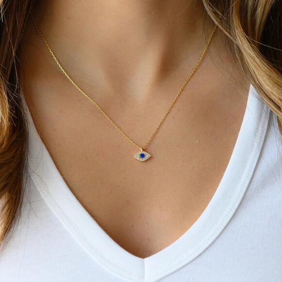 Gold Evil Eye Necklace,14K Gold Plated Dainty Solitaire Minimalist Diamond Evil - Picture 2 of 7